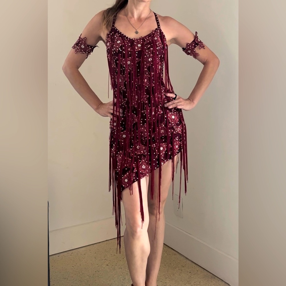 Latin Rhythm Dance Dress for Ballroom Dancesport Competition Showcase - Burgundy